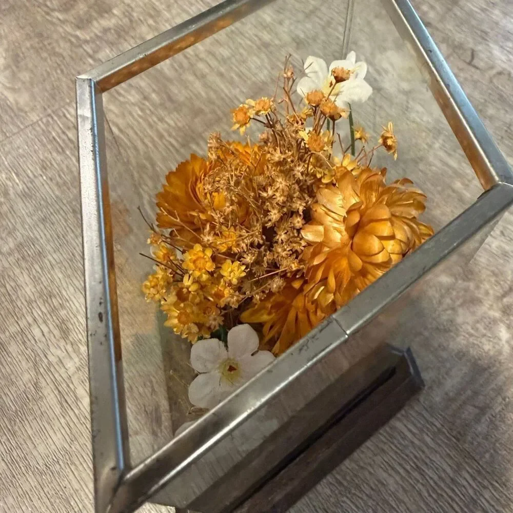 Leonard Creations Dried Flower Arrangement 6” Tall Glass Box Wood Terrarium